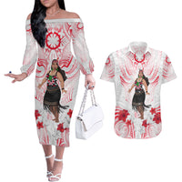 New Zealand Women's Day Couples Matching Off The Shoulder Long Sleeve Dress and Hawaiian Shirt Maori Wahine Polynesian Pattern LT05 White - Polynesian Pride