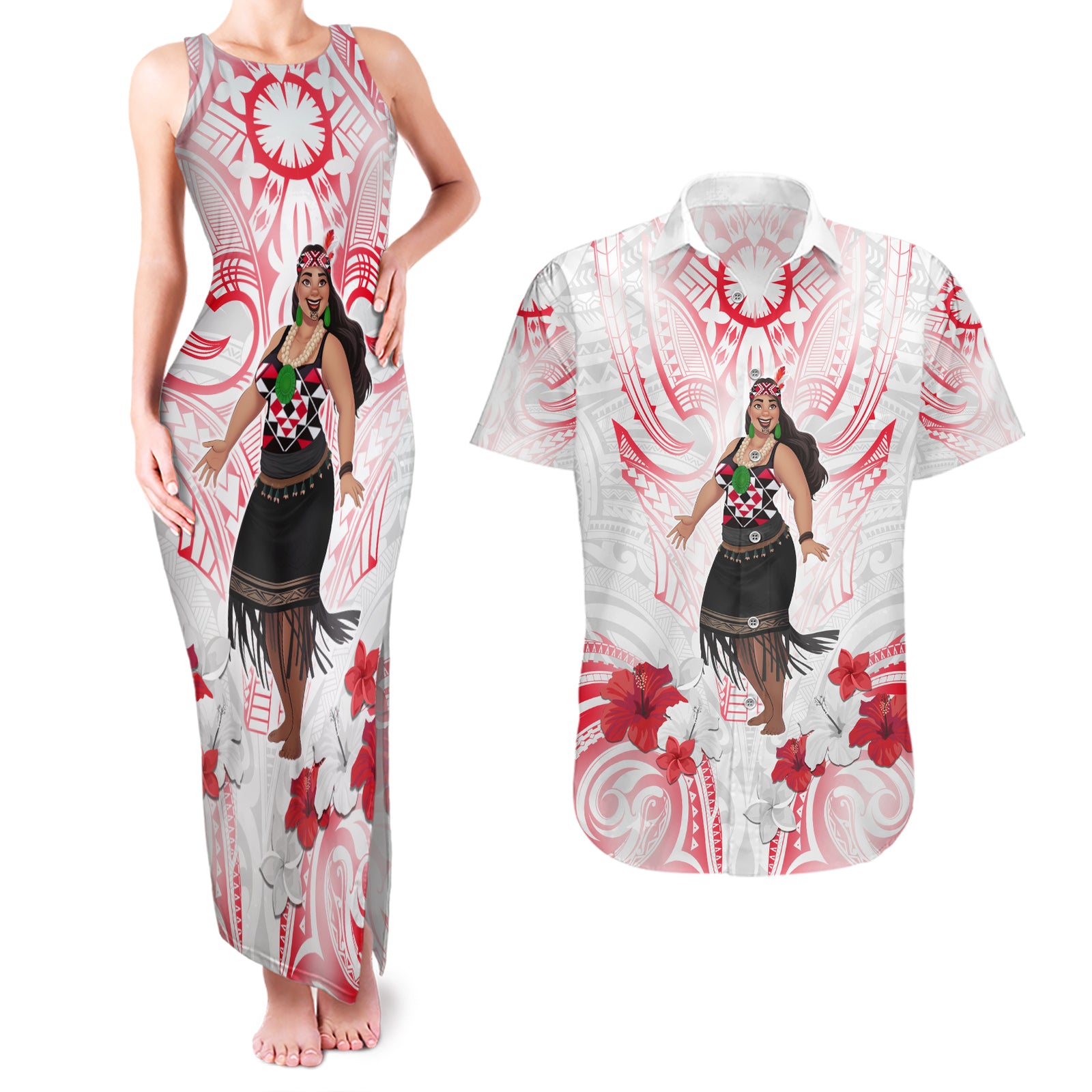 New Zealand Women's Day Couples Matching Tank Maxi Dress and Hawaiian Shirt Maori Wahine Polynesian Pattern LT05 White - Polynesian Pride