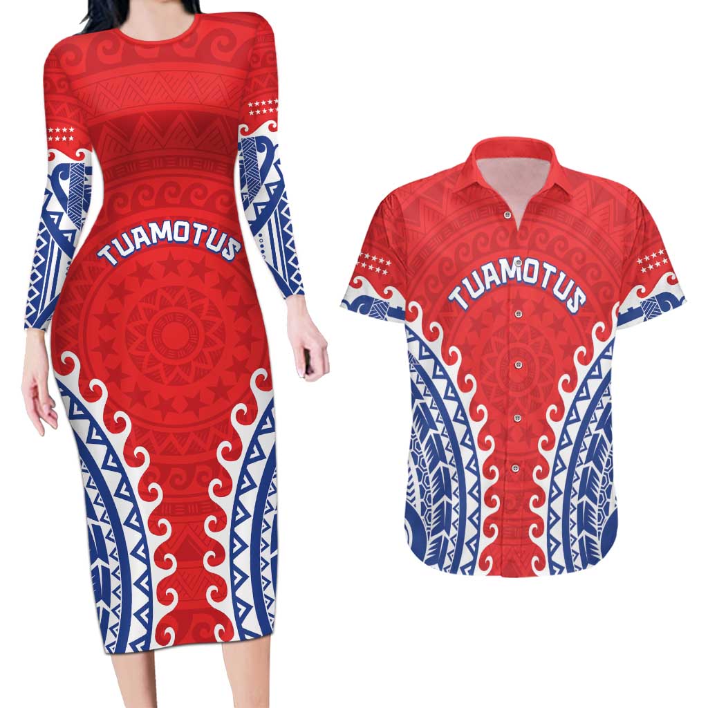 Custom Tuamotu Archipelago Couples Matching Long Sleeve Bodycon Dress and Hawaiian Shirt Polynesian Tribal Tattoo