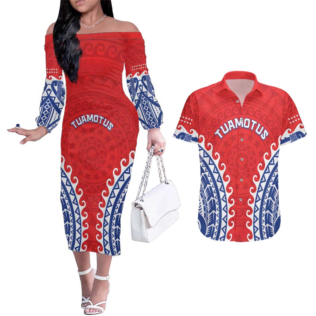 Custom Tuamotu Archipelago Couples Matching Off The Shoulder Long Sleeve Dress and Hawaiian Shirt Polynesian Tribal Tattoo LT05 Red - Polynesian Pride