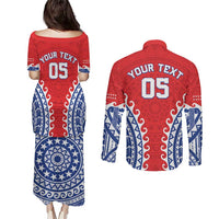 Custom Tuamotu Archipelago Couples Matching Puletasi and Long Sleeve Button Shirt Polynesian Tribal Tattoo