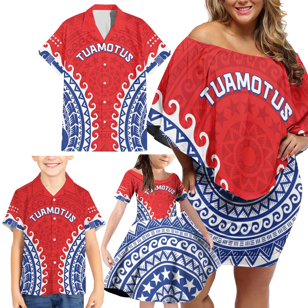 Custom Tuamotu Archipelago Family Matching Off Shoulder Short Dress and Hawaiian Shirt Polynesian Tribal Tattoo LT05 - Polynesian Pride