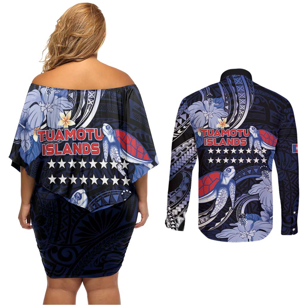 Tuamotu Islands Couples Matching Off Shoulder Short Dress and Long Sleeve Button Shirt Polynesian Pattern With Turtle