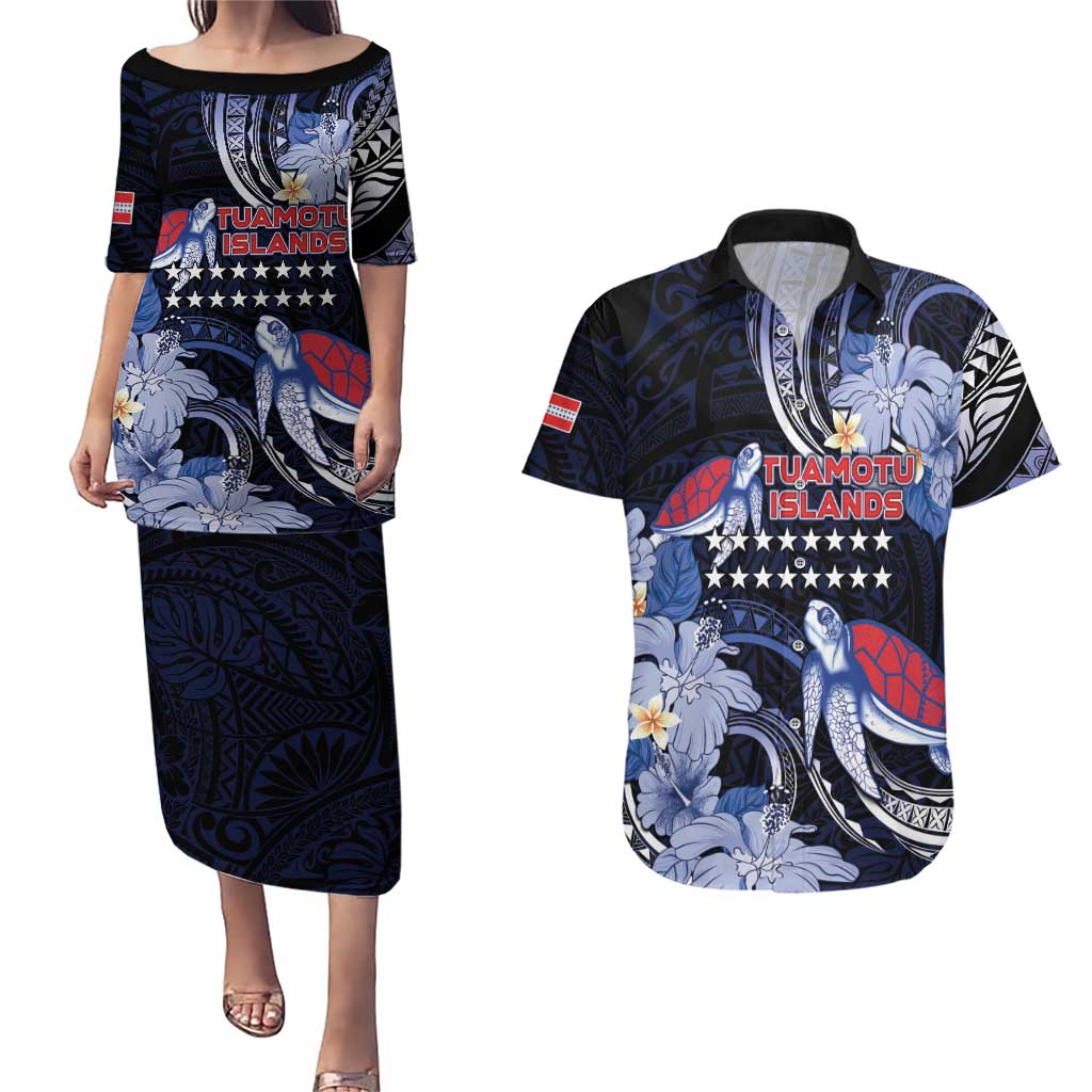 Tuamotu Islands Couples Matching Puletasi and Hawaiian Shirt Polynesian Pattern With Turtle