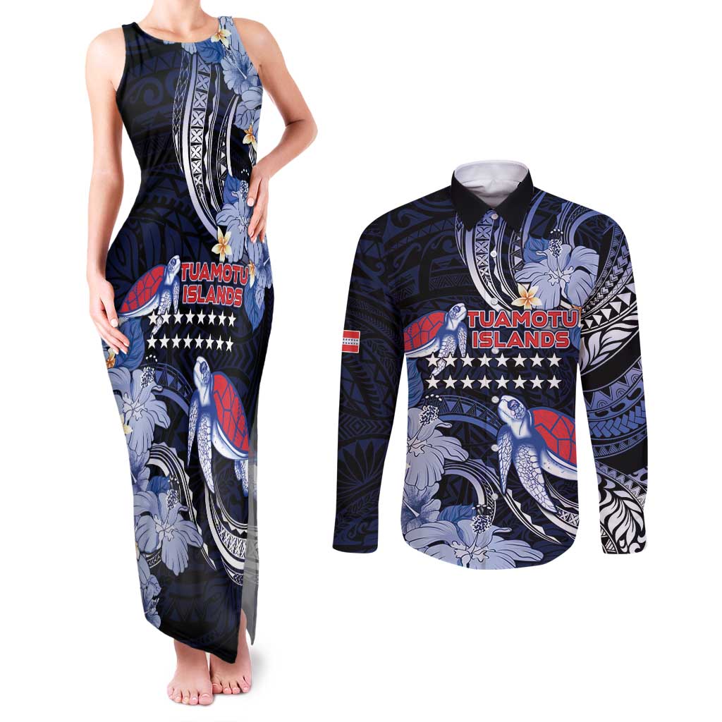 Tuamotu Islands Couples Matching Tank Maxi Dress and Long Sleeve Button Shirt Polynesian Pattern With Turtle