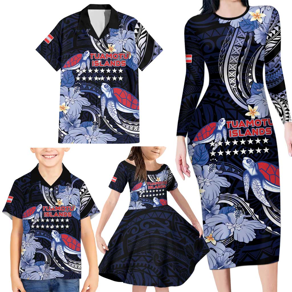 Tuamotu Islands Family Matching Long Sleeve Bodycon Dress and Hawaiian Shirt Polynesian Pattern With Turtle