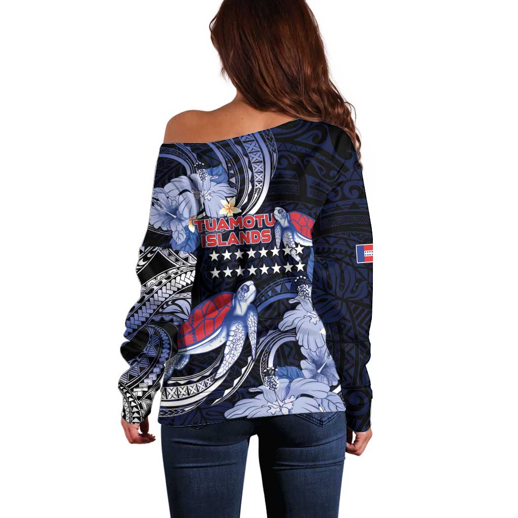 Tuamotu Islands Off Shoulder Sweater Polynesian Pattern With Turtle