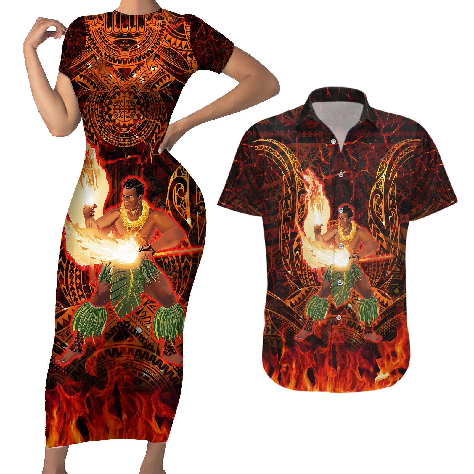 Samoa Siva Afi Festival Couples Matching Short Sleeve Bodycon Dress and Hawaiian Shirt Fire Knife Dancing LT05 Green - Polynesian Pride