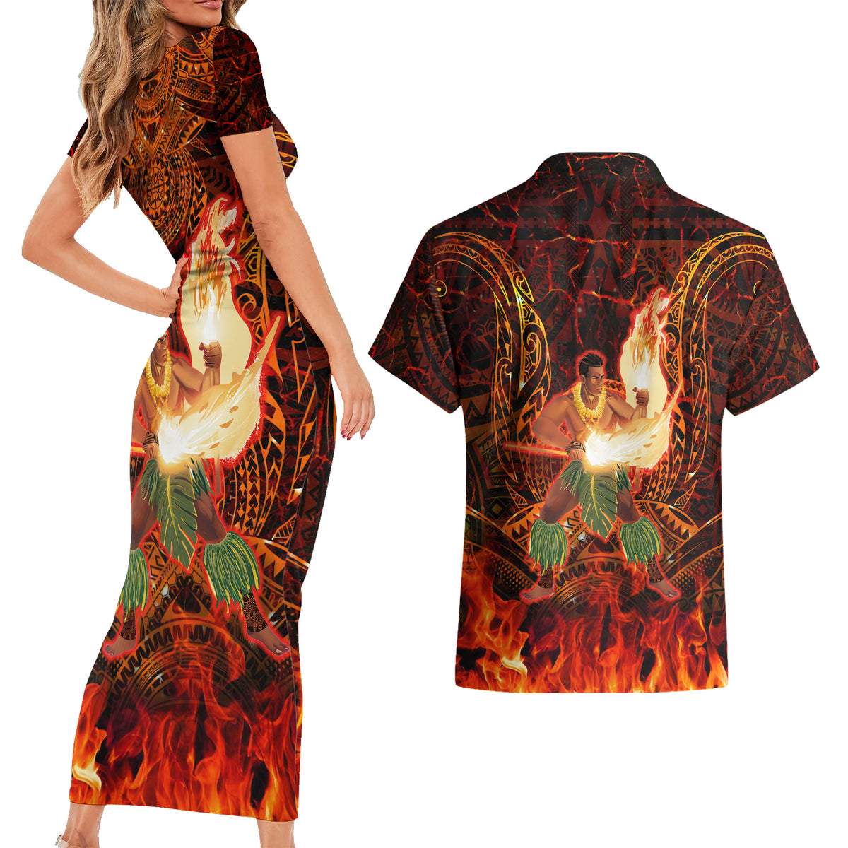Samoa Siva Afi Festival Couples Matching Short Sleeve Bodycon Dress and Hawaiian Shirt Fire Knife Dancing LT05 - Polynesian Pride