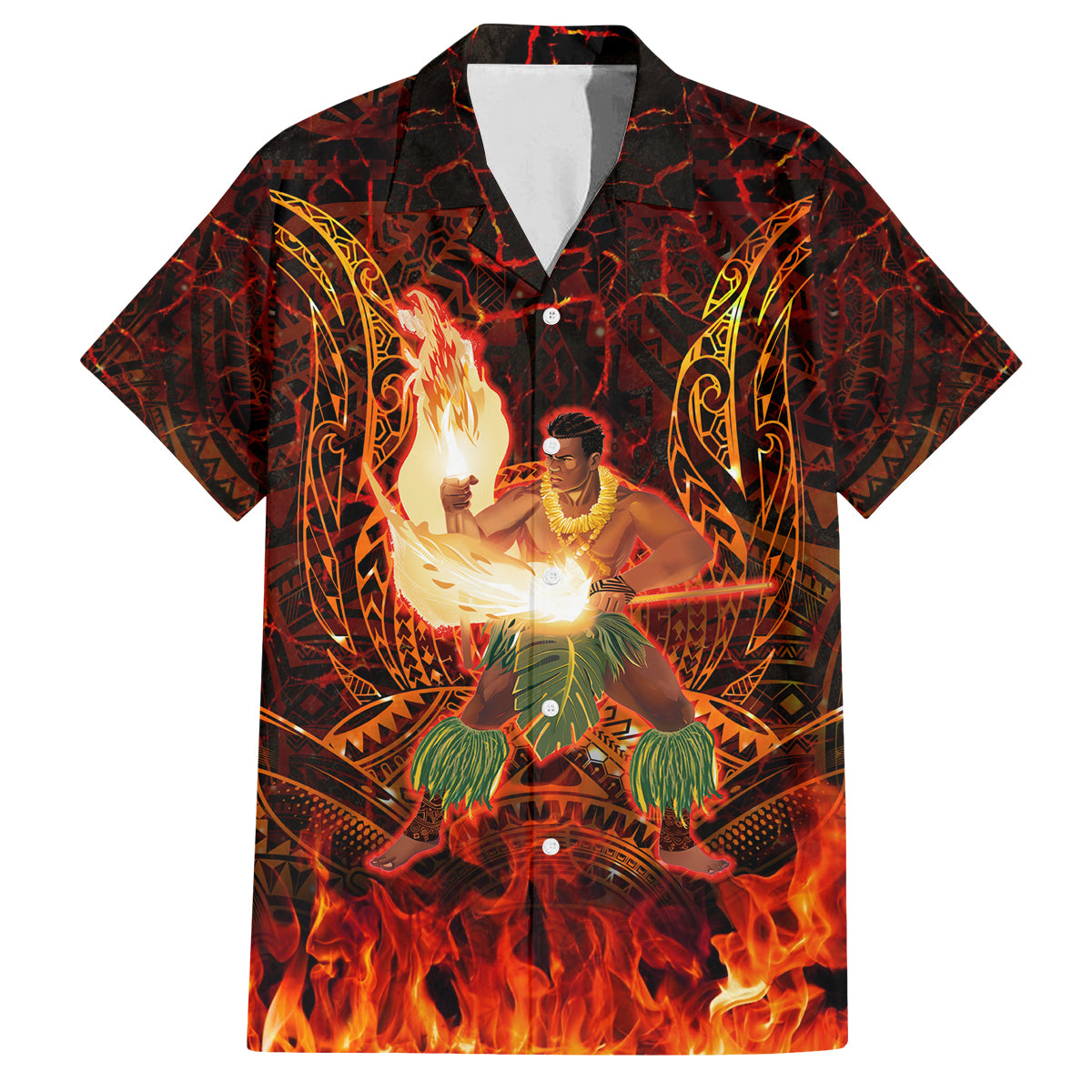 Samoa Siva Afi Festival Family Matching Off Shoulder Long Sleeve Dress and Hawaiian Shirt Fire Knife Dancing LT05 Dad's Shirt - Short Sleeve Green - Polynesian Pride
