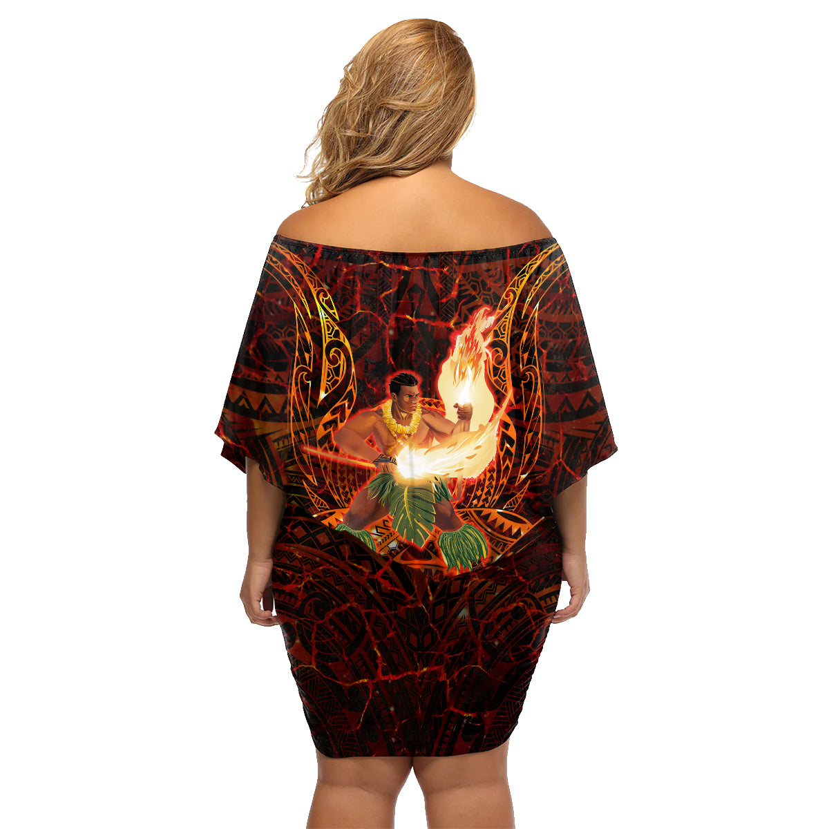 Samoa Siva Afi Festival Family Matching Off Shoulder Short Dress and Hawaiian Shirt Fire Knife Dancing LT05 - Polynesian Pride