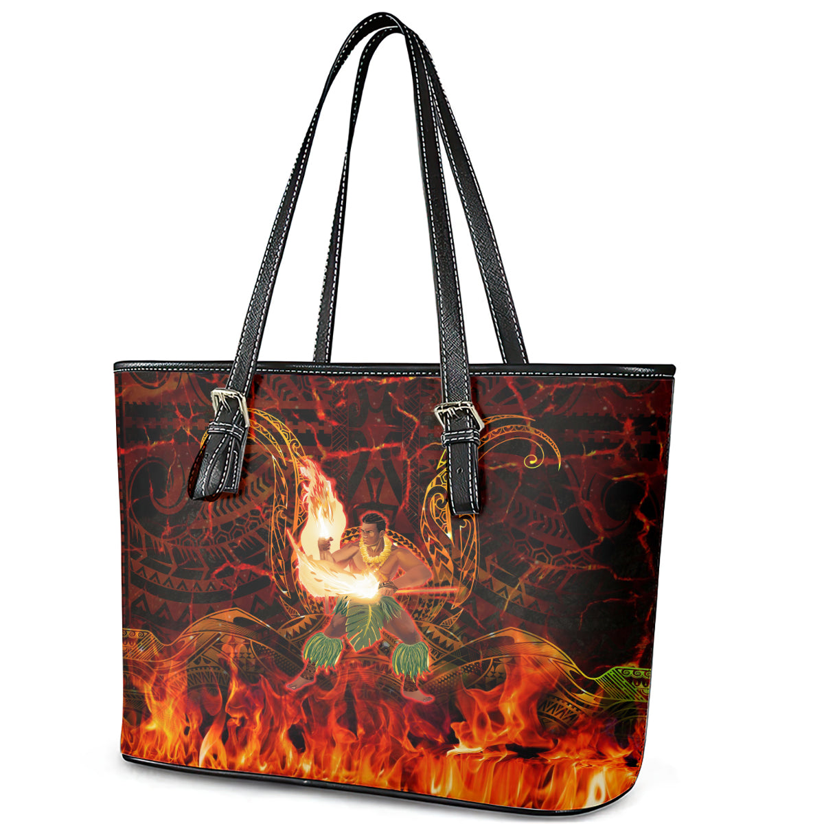 Samoa Siva Afi Festival Leather Tote Bag Fire Knife Dancing