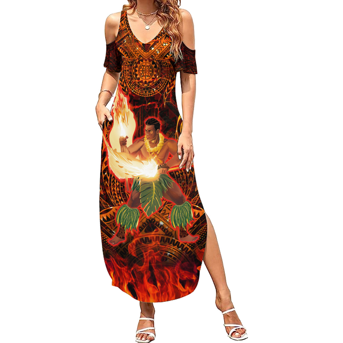 Samoa Siva Afi Festival Summer Maxi Dress Fire Knife Dancing LT05 Women Green - Polynesian Pride