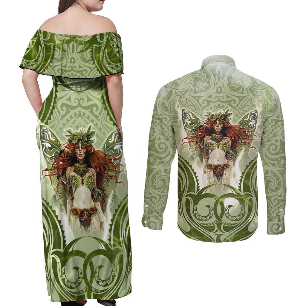 New Zealand Maori Fairy Patupaiarehe Couples Matching Off Shoulder Maxi Dress and Long Sleeve Button Shirt Polynesian Style LT05 - Polynesian Pride