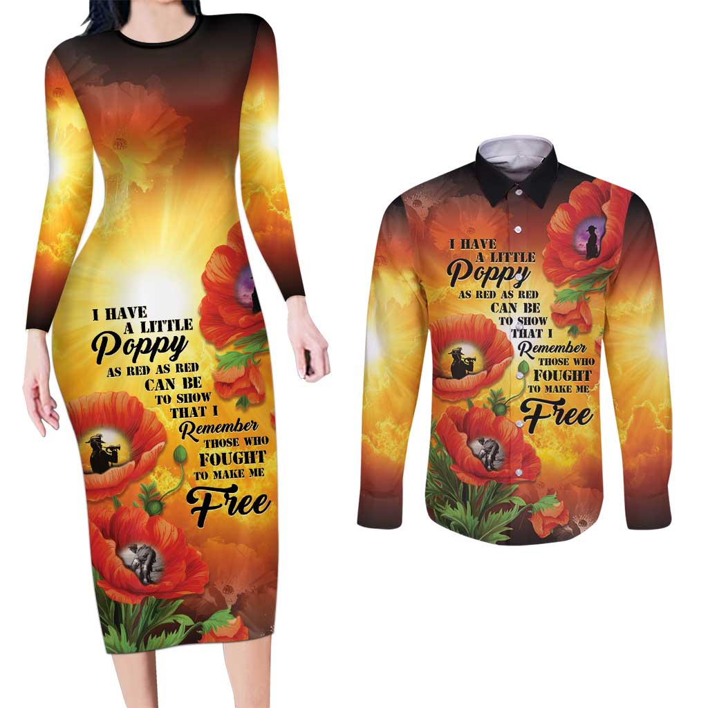 ANZAC Day Red Poppy Couples Matching Long Sleeve Bodycon Dress and Long Sleeve Button Shirt Honoring The ANZAC Spirit LT05 Orange - Polynesian Pride