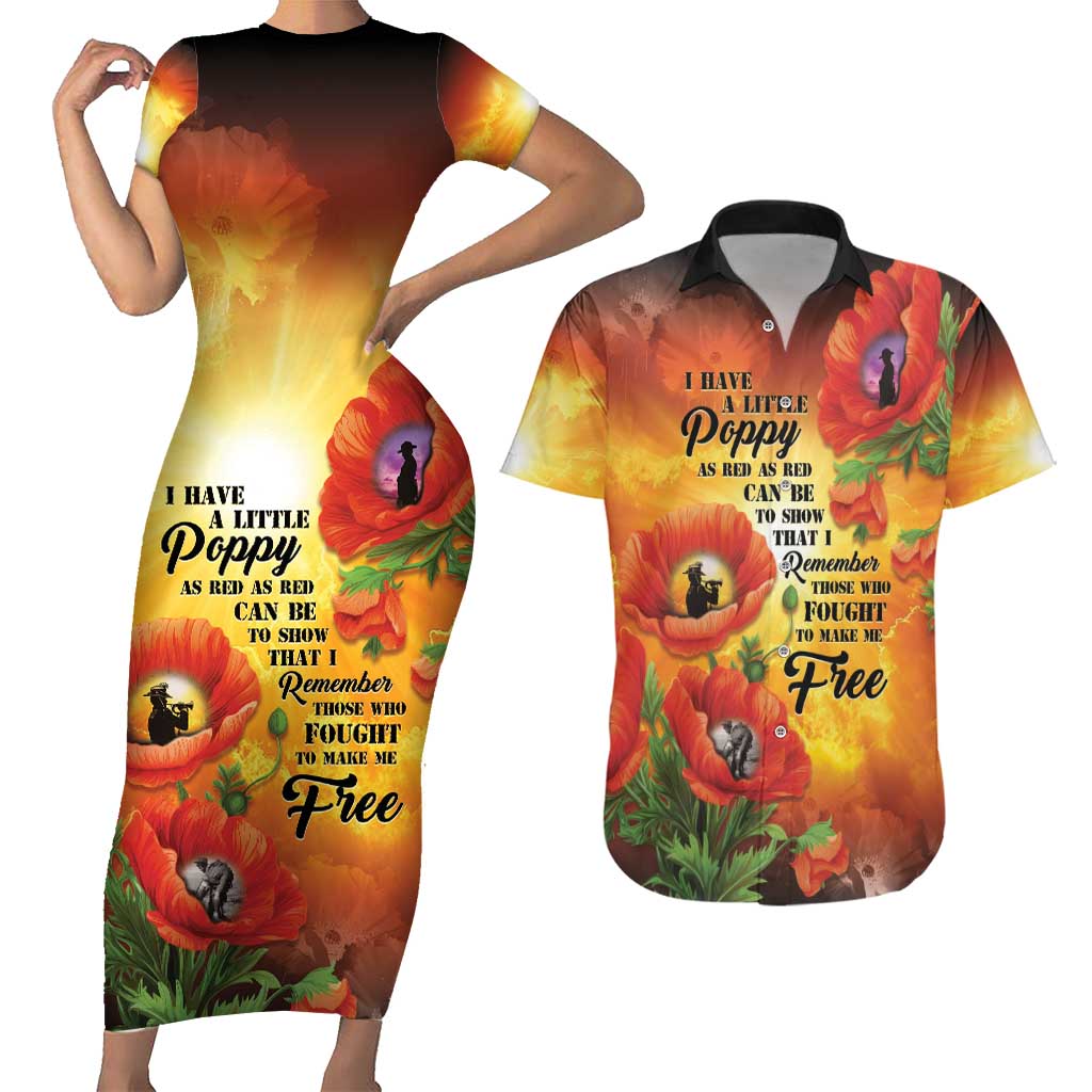 ANZAC Day Red Poppy Couples Matching Short Sleeve Bodycon Dress and Hawaiian Shirt Honoring The ANZAC Spirit LT05 Orange - Polynesian Pride
