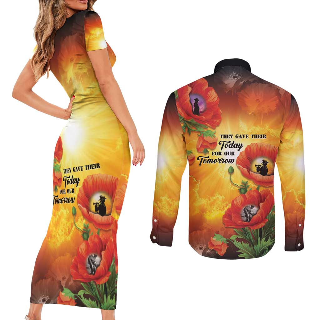 ANZAC Day Red Poppy Couples Matching Short Sleeve Bodycon Dress and Long Sleeve Button Shirt Honoring The ANZAC Spirit LT05 - Polynesian Pride
