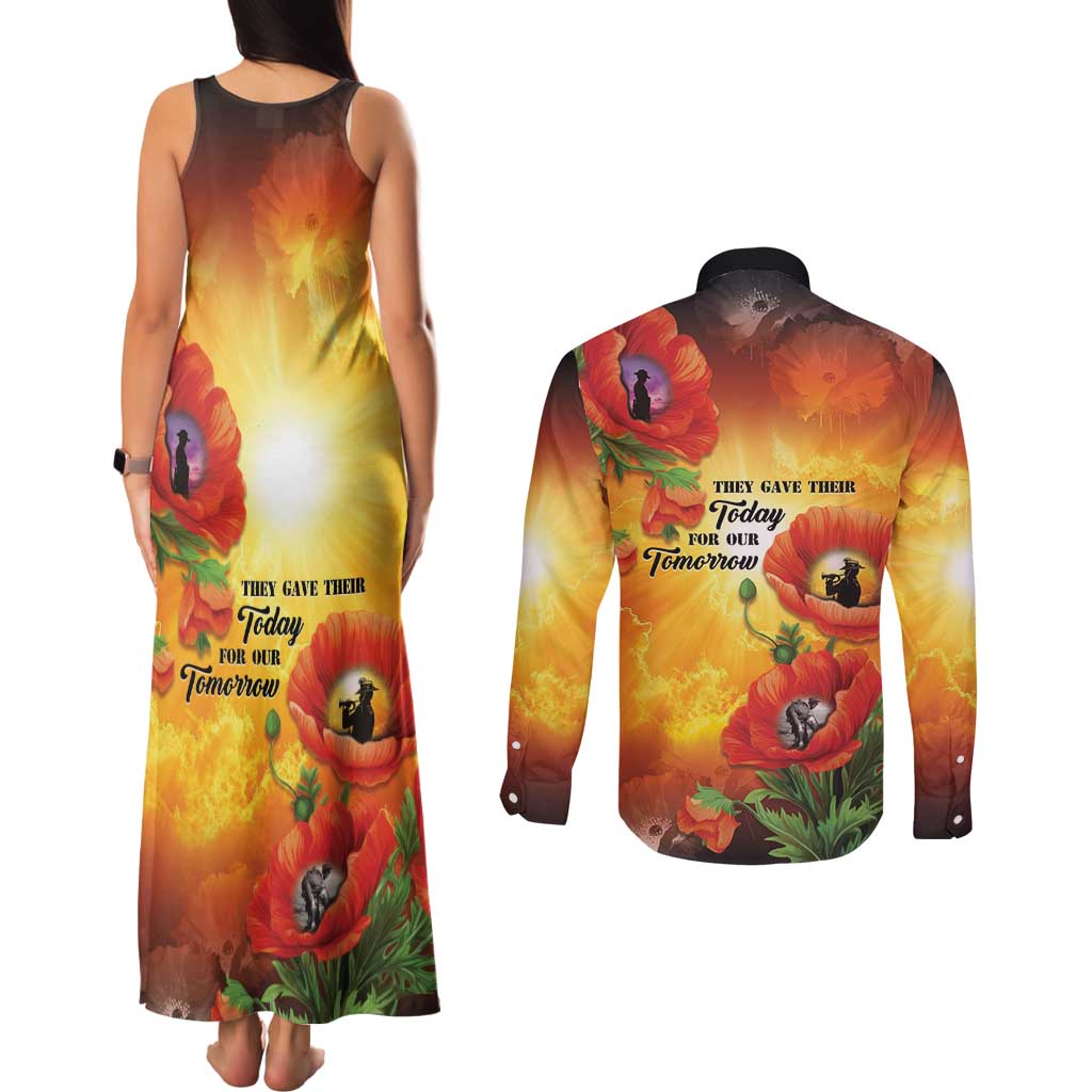 ANZAC Day Red Poppy Couples Matching Tank Maxi Dress and Long Sleeve Button Shirt Honoring The ANZAC Spirit LT05 - Polynesian Pride