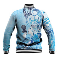 Aotearoa Maori Wahine Baseball Jacket Fantail Bird Blue Gold Marble