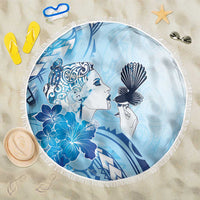 Aotearoa Maori Wahine Beach Blanket Fantail Bird Blue Gold Marble