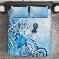 Aotearoa Maori Wahine Bedding Set Fantail Bird Blue Gold Marble