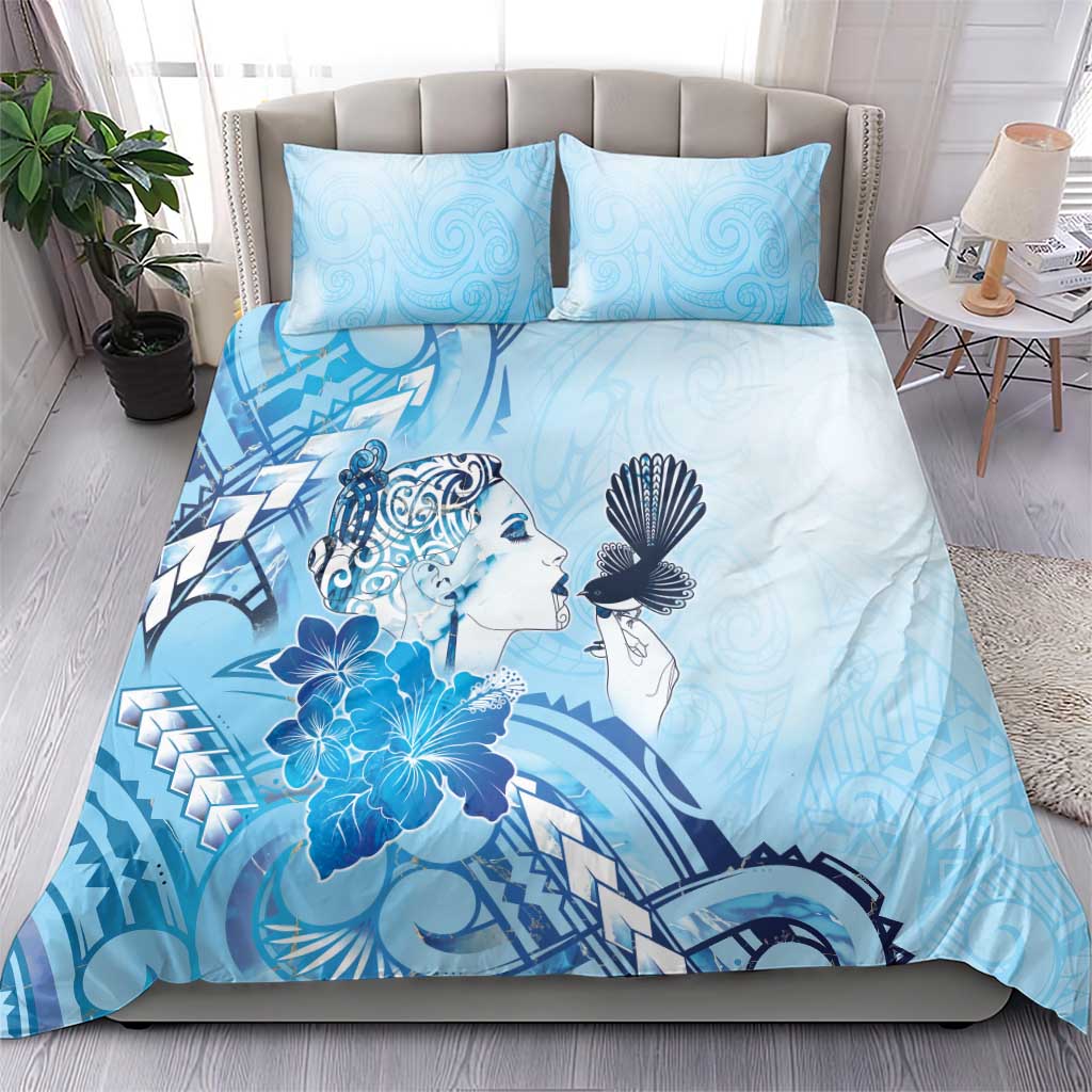 Aotearoa Maori Wahine Bedding Set Fantail Bird Blue Gold Marble