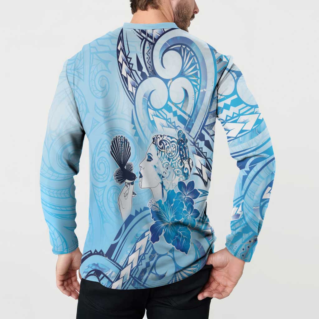Aotearoa Maori Wahine Button Sweatshirt Fantail Bird Blue Gold Marble