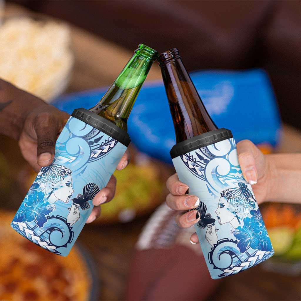 Aotearoa Maori Wahine 4 in 1 Can Cooler Tumbler Fantail Bird Blue Gold Marble