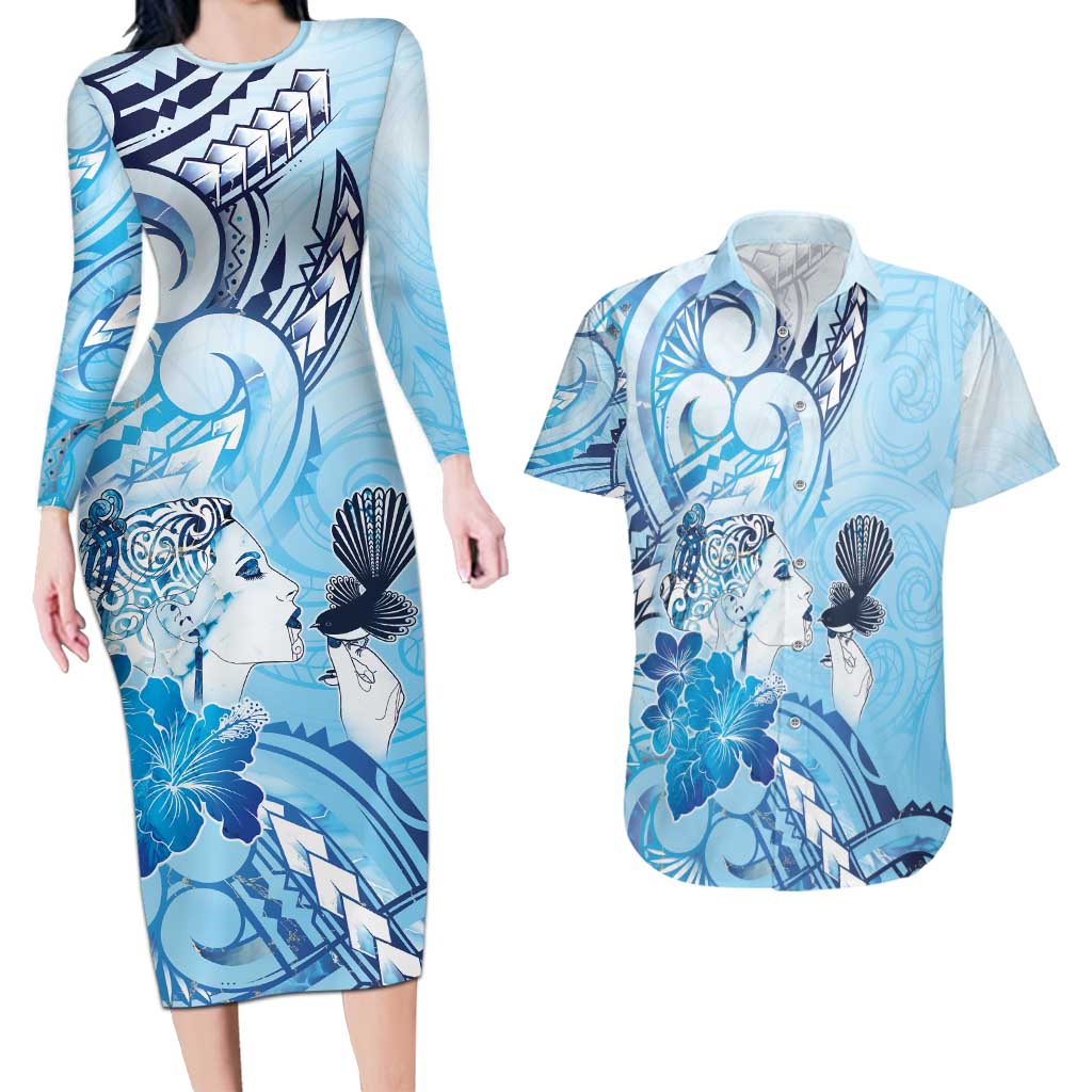 Aotearoa Maori Wahine Couples Matching Long Sleeve Bodycon Dress and Hawaiian Shirt Fantail Bird Blue Gold Marble LT05 Blue - Polynesian Pride