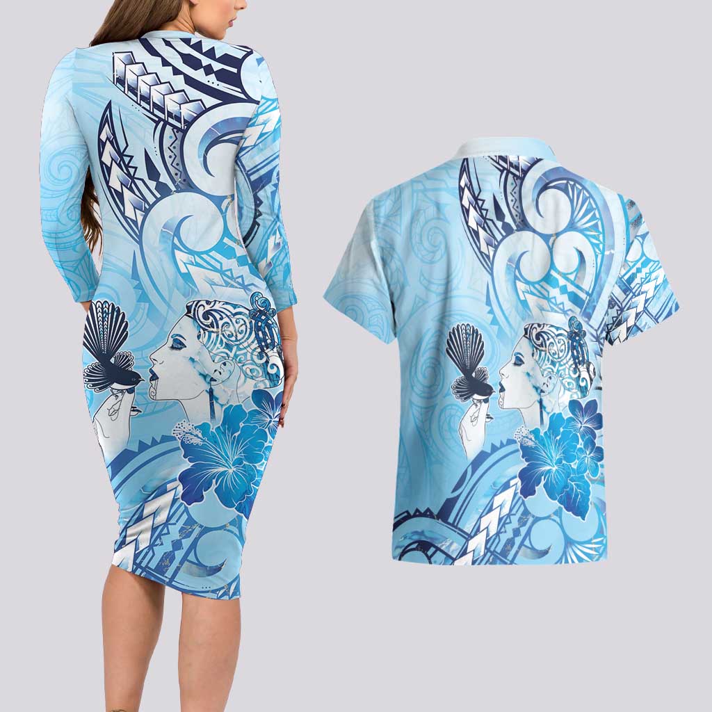 Aotearoa Maori Wahine Couples Matching Long Sleeve Bodycon Dress and Hawaiian Shirt Fantail Bird Blue Gold Marble LT05 - Polynesian Pride
