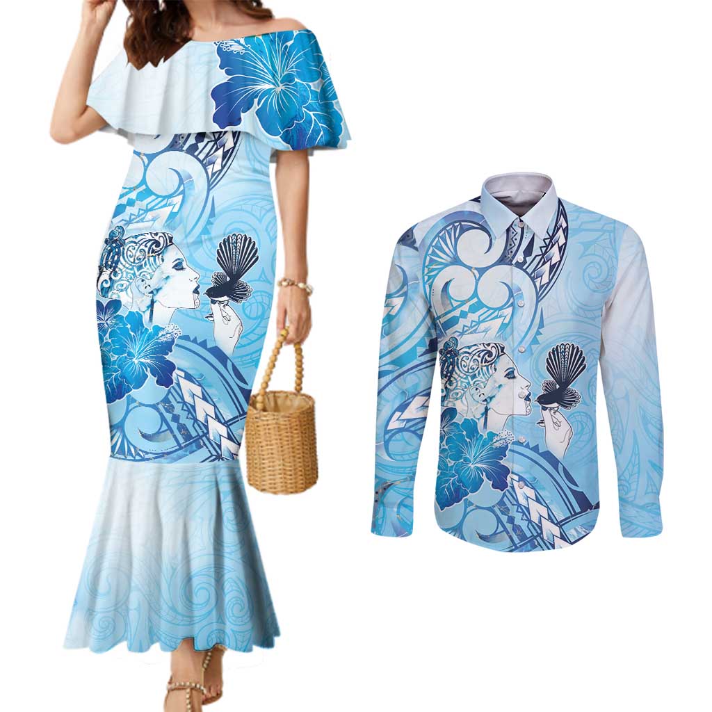 Aotearoa Maori Wahine Couples Matching Mermaid Dress and Long Sleeve Button Shirt Fantail Bird Blue Gold Marble LT05 Blue - Polynesian Pride