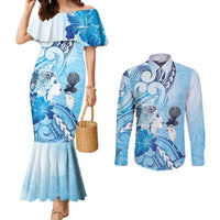 Aotearoa Maori Wahine Couples Matching Mermaid Dress and Long Sleeve Button Shirt Fantail Bird Blue Gold Marble LT05 Blue - Polynesian Pride
