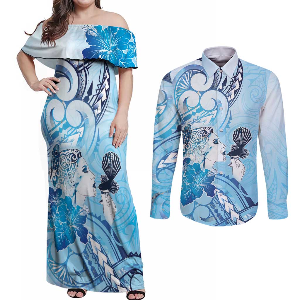 Aotearoa Maori Wahine Couples Matching Off Shoulder Maxi Dress and Long Sleeve Button Shirt Fantail Bird Blue Gold Marble LT05 Blue - Polynesian Pride