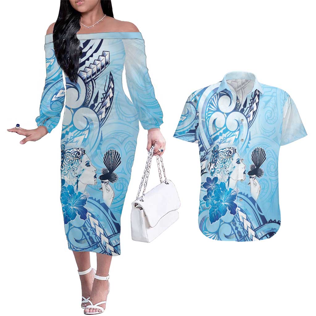Aotearoa Maori Wahine Couples Matching Off The Shoulder Long Sleeve Dress and Hawaiian Shirt Fantail Bird Blue Gold Marble LT05 Blue - Polynesian Pride
