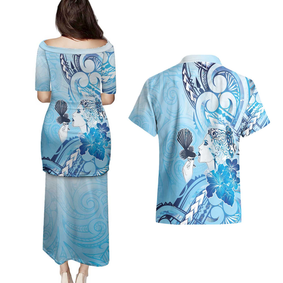 Aotearoa Maori Wahine Couples Matching Puletasi and Hawaiian Shirt Fantail Bird Blue Gold Marble LT05 - Polynesian Pride