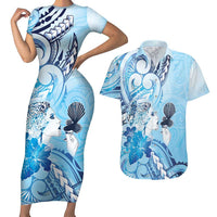 Aotearoa Maori Wahine Couples Matching Short Sleeve Bodycon Dress and Hawaiian Shirt Fantail Bird Blue Gold Marble LT05 Blue - Polynesian Pride
