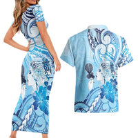 Aotearoa Maori Wahine Couples Matching Short Sleeve Bodycon Dress and Hawaiian Shirt Fantail Bird Blue Gold Marble LT05 - Polynesian Pride