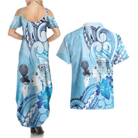 Aotearoa Maori Wahine Couples Matching Summer Maxi Dress and Hawaiian Shirt Fantail Bird Blue Gold Marble LT05 - Polynesian Pride