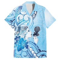 Aotearoa Maori Wahine Family Matching Long Sleeve Bodycon Dress and Hawaiian Shirt Fantail Bird Blue Gold Marble LT05 Dad's Shirt - Short Sleeve Blue - Polynesian Pride