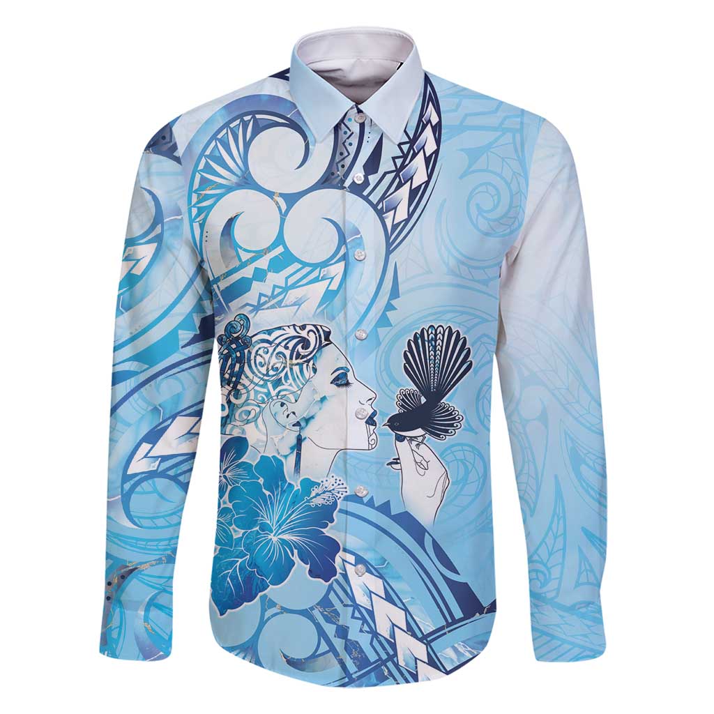 Aotearoa Maori Wahine Family Matching Long Sleeve Bodycon Dress and Hawaiian Shirt Fantail Bird Blue Gold Marble LT05 Dad's Shirt - Long Sleeve Blue - Polynesian Pride