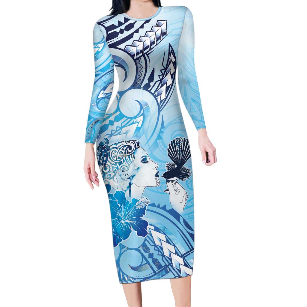 Aotearoa Maori Wahine Family Matching Long Sleeve Bodycon Dress and Hawaiian Shirt Fantail Bird Blue Gold Marble LT05 Mom's Dress Blue - Polynesian Pride