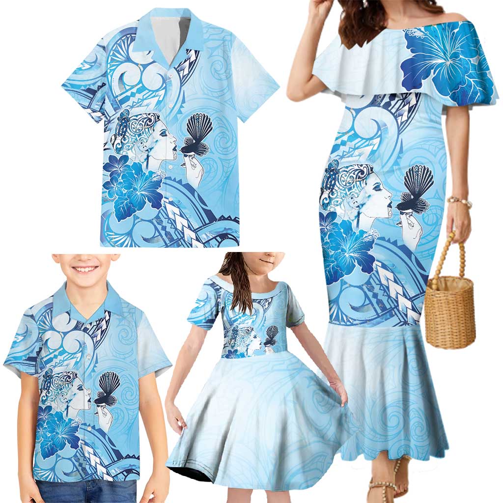Aotearoa Maori Wahine Family Matching Mermaid Dress and Hawaiian Shirt Fantail Bird Blue Gold Marble LT05 - Polynesian Pride