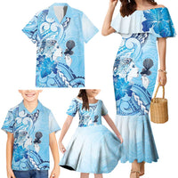 Aotearoa Maori Wahine Family Matching Mermaid Dress and Hawaiian Shirt Fantail Bird Blue Gold Marble LT05 - Polynesian Pride