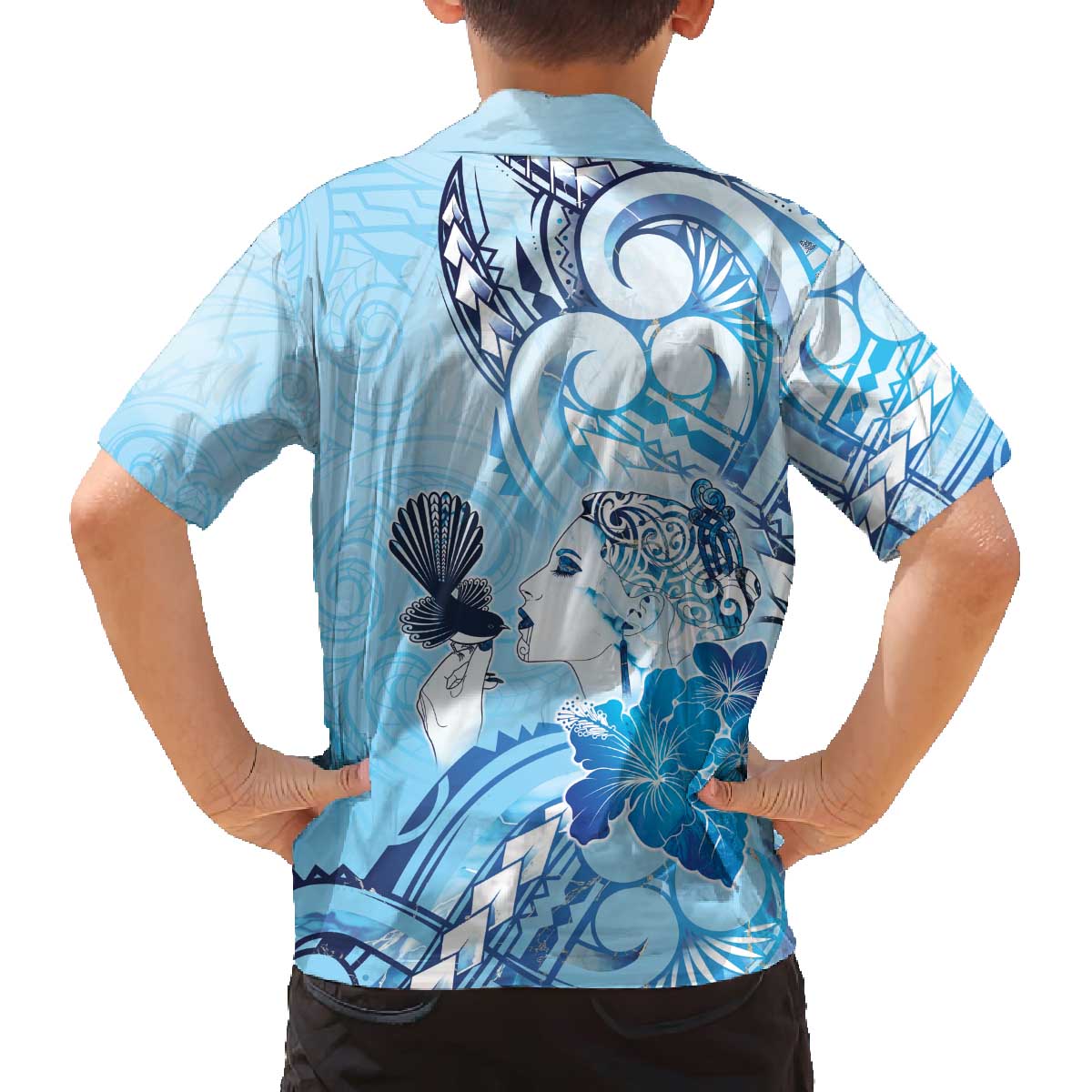 Aotearoa Maori Wahine Family Matching Off The Shoulder Long Sleeve Dress and Hawaiian Shirt Fantail Bird Blue Gold Marble LT05 - Polynesian Pride