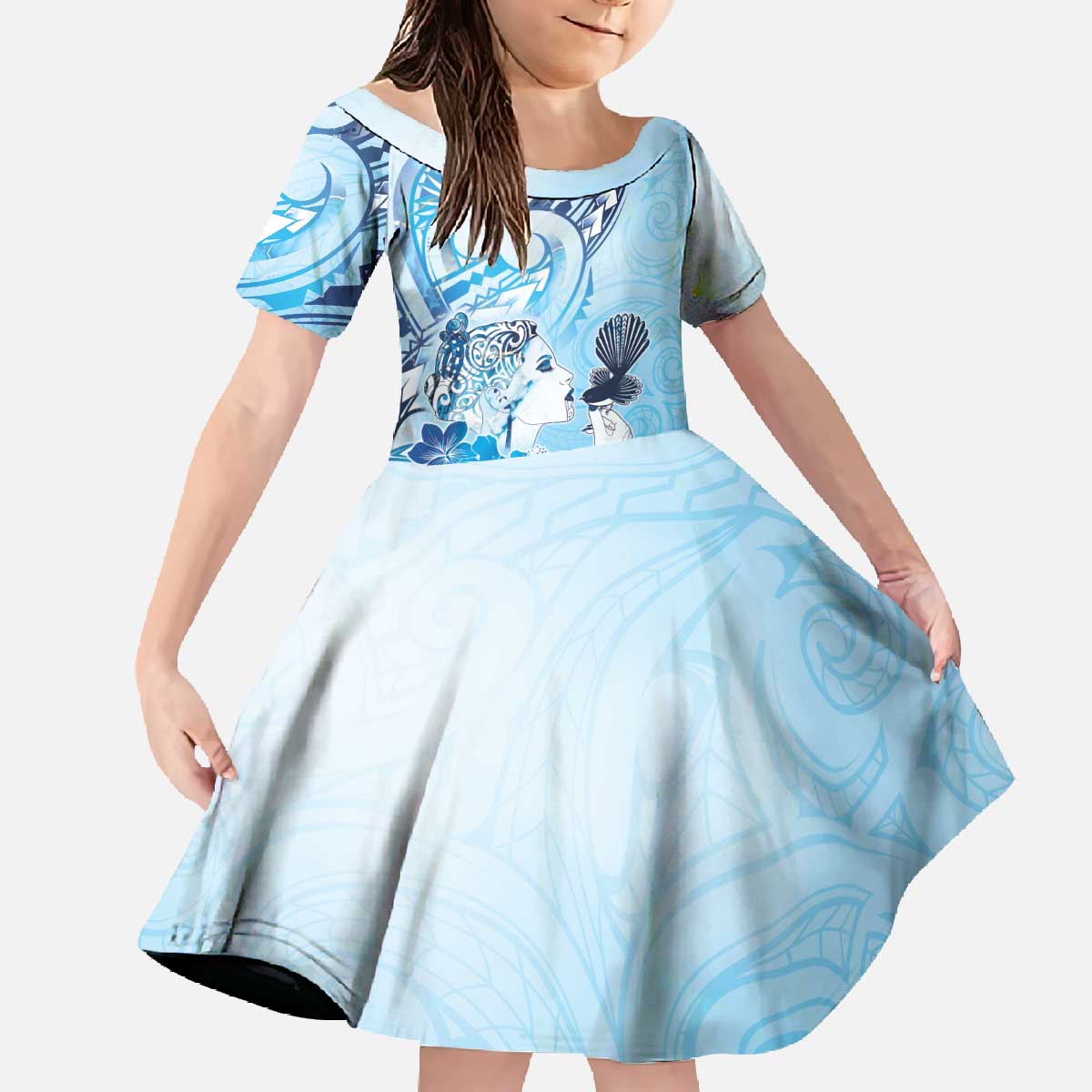 Aotearoa Maori Wahine Family Matching Off The Shoulder Long Sleeve Dress and Hawaiian Shirt Fantail Bird Blue Gold Marble LT05 Daughter's Dress Blue - Polynesian Pride