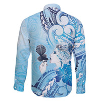 Aotearoa Maori Wahine Family Matching Off The Shoulder Long Sleeve Dress and Hawaiian Shirt Fantail Bird Blue Gold Marble LT05 - Polynesian Pride