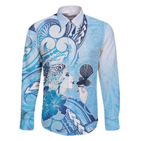 Aotearoa Maori Wahine Family Matching Puletasi and Hawaiian Shirt Fantail Bird Blue Gold Marble LT05 Dad's Shirt - Long Sleeve Blue - Polynesian Pride