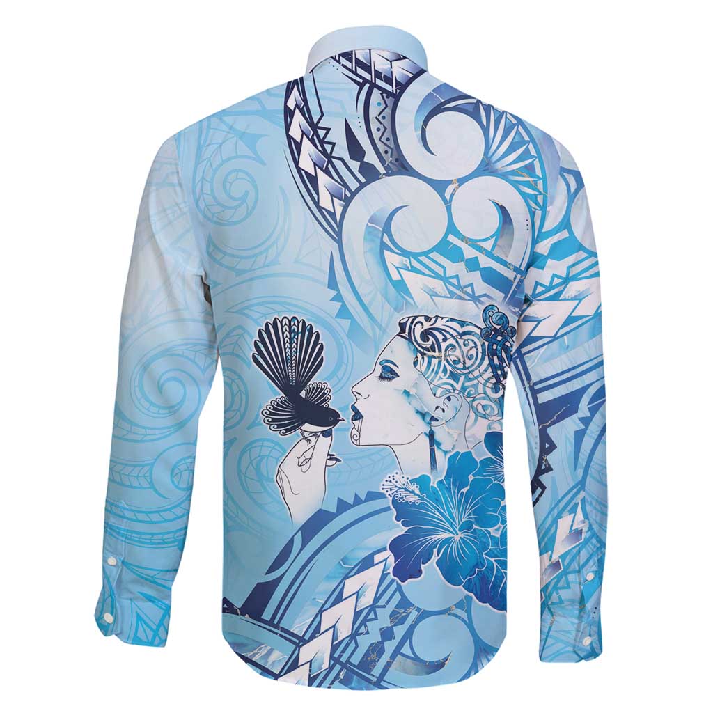 Aotearoa Maori Wahine Family Matching Puletasi and Hawaiian Shirt Fantail Bird Blue Gold Marble LT05 - Polynesian Pride