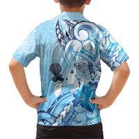 Aotearoa Maori Wahine Family Matching Short Sleeve Bodycon Dress and Hawaiian Shirt Fantail Bird Blue Gold Marble LT05 - Polynesian Pride