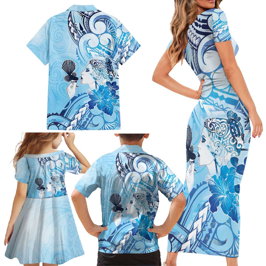 Aotearoa Maori Wahine Family Matching Short Sleeve Bodycon Dress and Hawaiian Shirt Fantail Bird Blue Gold Marble LT05 - Polynesian Pride